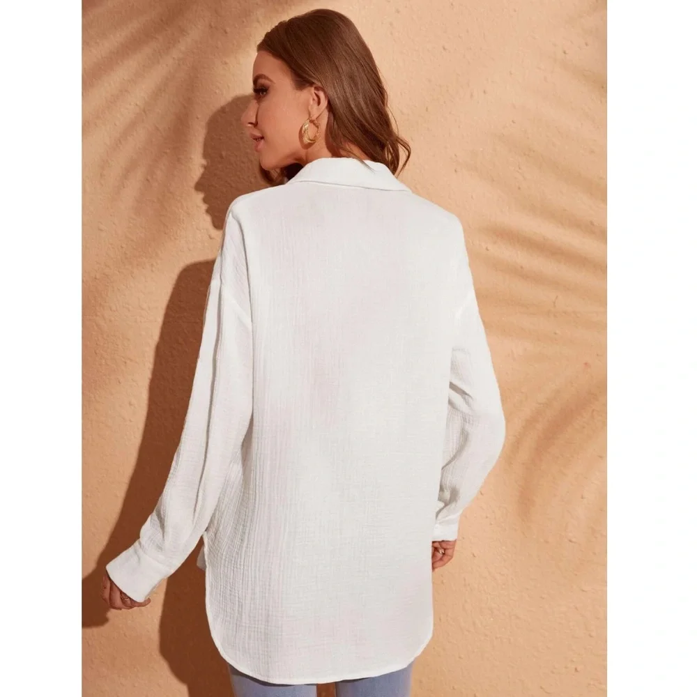 Cotton White Casual Shirt  Button Down Up Long Sleeve - Picture 4 of 9